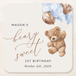 Posavasos Cuadrado De Papel Oso de peluche, globos azules, primer cumpleaños
