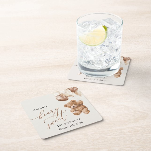 Posavasos Cuadrado De Papel Oso de peluche, globos marrones, primer cumpleaños (In situ)