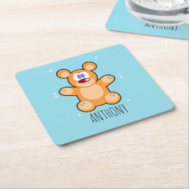 Posavasos Cuadrado De Papel Oso de peluche marrón lindo monograma sobre azul