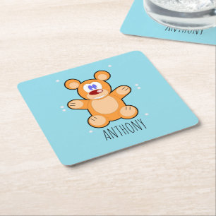 Posavasos Cuadrado De Papel Oso de peluche marrón lindo monograma sobre azul