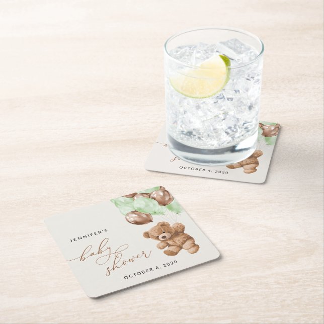 Posavasos Cuadrado De Papel Oso de peluche, Oso de bebé, Globos verdes, Baby S (In situ)