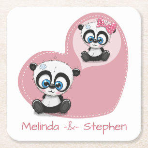Posavasos Cuadrado De Papel Oso de peluche panda corazón rosa boda ducha nupci