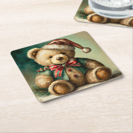Posavasos Cuadrado De Papel Oso de peluche vintage de Navidad