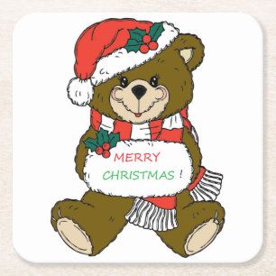 POSAVASOS CUADRADO DE PAPEL OSO DE TEDDÍA "MERRY CHRISTMAS"