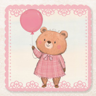 Posavasos Cuadrado De Papel Oso de vestido rosado fresco con globo rosa