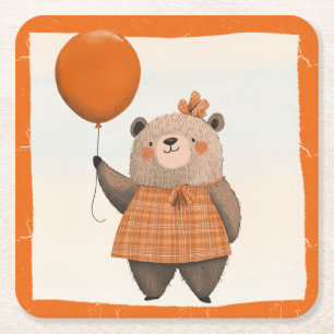Posavasos Cuadrado De Papel Oso de vestir de naranja con barra de pelo