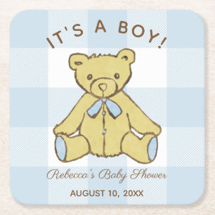 Posavasos Cuadrado De Papel Oso del muchacho de Baby Shower con nombre y la