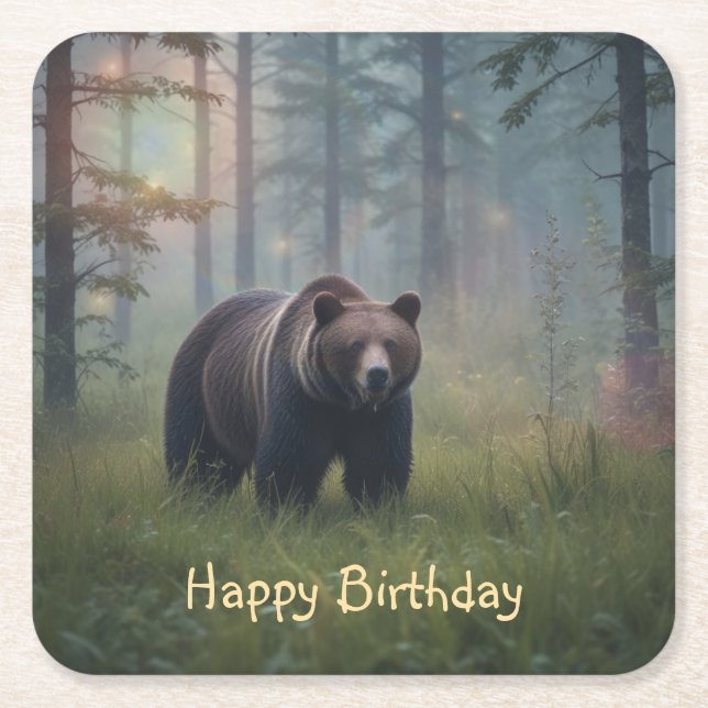 Posavasos Cuadrado De Papel Oso En Bosque Mágico (Anverso)
