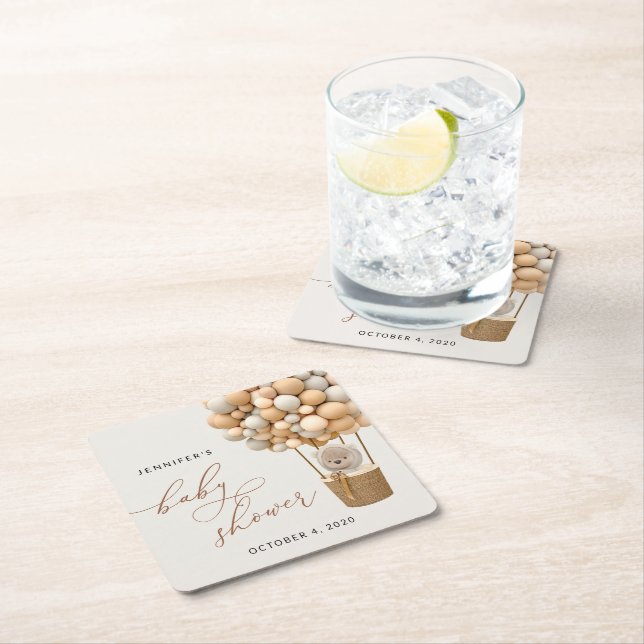 Posavasos Cuadrado De Papel Oso, globos beige, globo de aire caliente, Baby Sh (In situ)