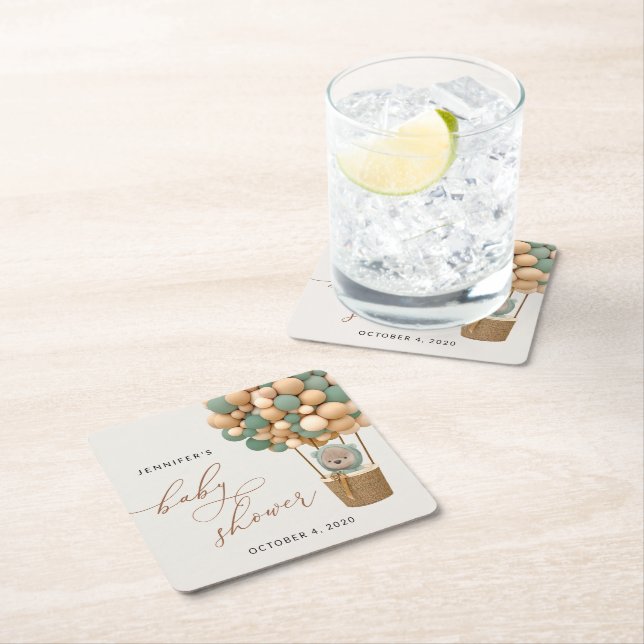 Posavasos Cuadrado De Papel Oso, globos verdes, globo de aire caliente, Baby S (In situ)