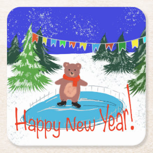 Posavasos Cuadrado De Papel Oso gracioso en patines de invierno