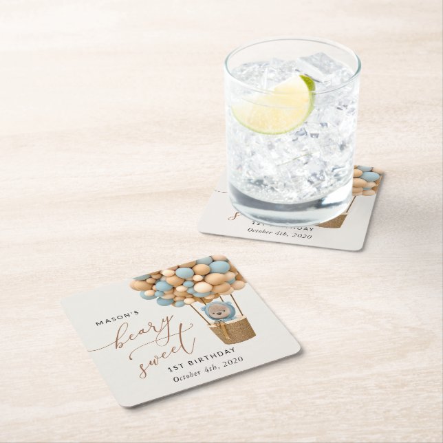 Posavasos Cuadrado De Papel Oso lindo, globos azules, primer cumpleaños (In situ)