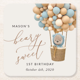 Posavasos Cuadrado De Papel Oso lindo, globos azules, primer cumpleaños
