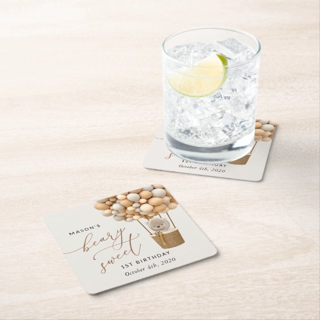 Posavasos Cuadrado De Papel Oso lindo, globos beige, primer cumpleaños (In situ)