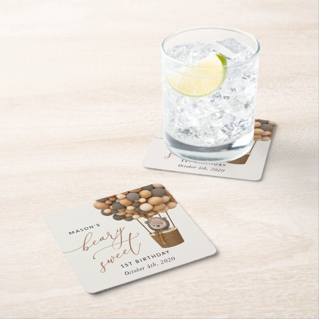 Posavasos Cuadrado De Papel Oso lindo, globos marrones, primer cumpleaños (In situ)