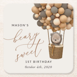 Posavasos Cuadrado De Papel Oso lindo, globos marrones, primer cumpleaños