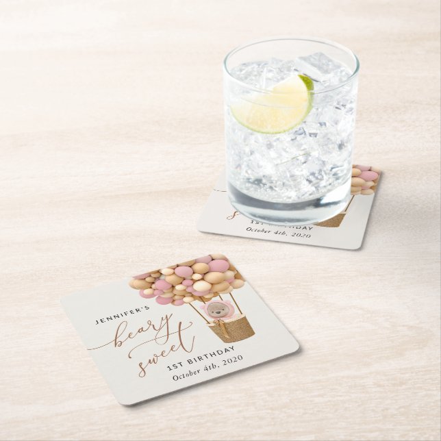 Posavasos Cuadrado De Papel Oso lindo, globos rosados, primer cumpleaños (In situ)