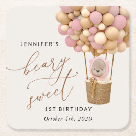 Posavasos Cuadrado De Papel Oso lindo, globos rosados, primer cumpleaños