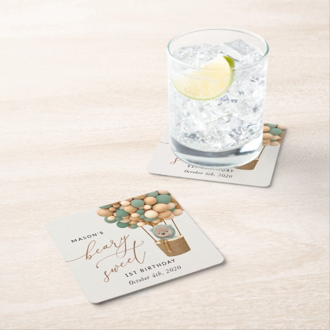 Posavasos Cuadrado De Papel Oso lindo, globos verdes, primer cumpleaños (In situ)