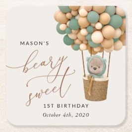 Posavasos Cuadrado De Papel Oso lindo, globos verdes, primer cumpleaños