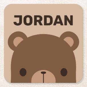 Posavasos Cuadrado De Papel Oso marrón lindo con nombre personalizado