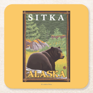 Posavasos Cuadrado De Papel Oso negro en el bosque - Sitka, Alaska