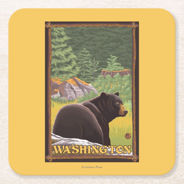 Posavasos Cuadrado De Papel Oso Negro en el bosque - Washington (Anverso)