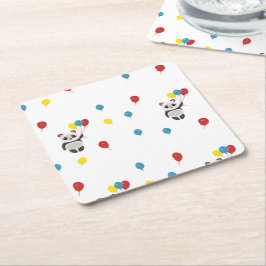Posavasos Cuadrado De Papel Oso panda con globos blanco
