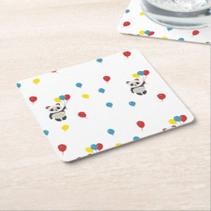 Posavasos Cuadrado De Papel Oso panda con globos blanco