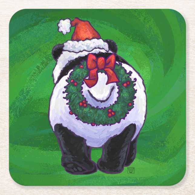 Posavasos Cuadrado De Papel Oso Panda en Santa Hat en Green (Anverso)
