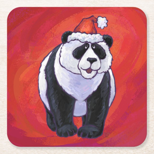 Posavasos Cuadrado De Papel Oso Panda en Santa Hat en rojo (Anverso)