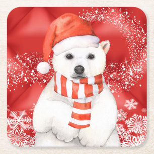 Posavasos Cuadrado De Papel oso polar con tapa de santa - copos de nieve con b