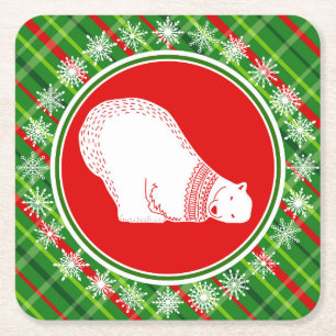 Posavasos Cuadrado De Papel Oso Polar Cutáneo Navidades de animales Placa Roja