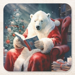 Posavasos Cuadrado De Papel Oso polar de Navidad leyendo