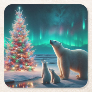 Posavasos Cuadrado De Papel Oso Polar Mamá Cubre Árbol De Navidad Aurora Borea