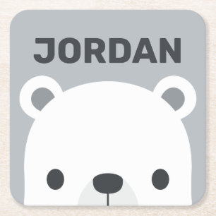 Posavasos Cuadrado De Papel Oso Polar Pequeño y Lindo con Nombre Personalizado