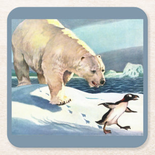 Posavasos Cuadrado De Papel Oso polar y pingüino de los años 1940