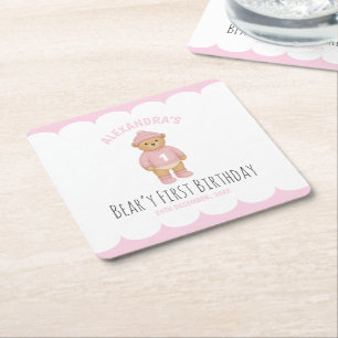 Posavasos Cuadrado De Papel Oso rosa elegante cumpleaños Beary primero