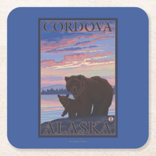 Posavasos Cuadrado De Papel Oso y Cub - Cordova, Alaska