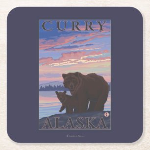 Posavasos Cuadrado De Papel Oso y Cub - curry, Alaska