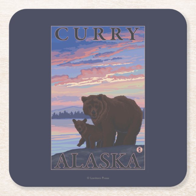 Posavasos Cuadrado De Papel Oso y Cub - curry, Alaska (Anverso)