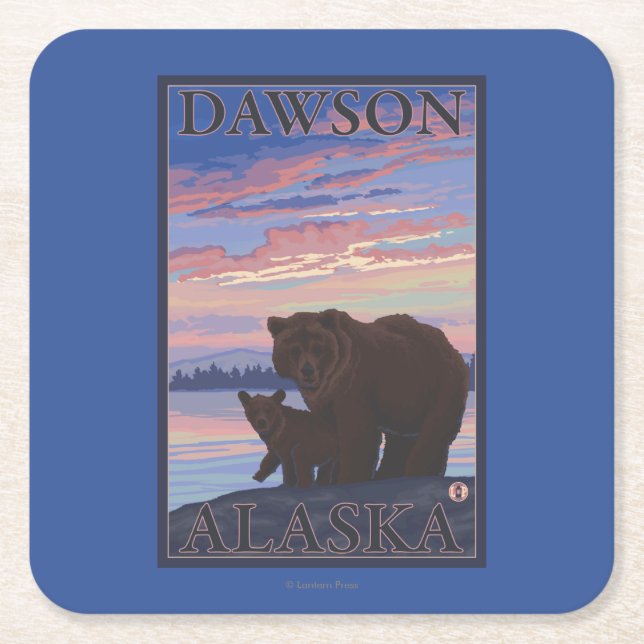 Posavasos Cuadrado De Papel Oso y Cub - Dawson, Alaska (Anverso)