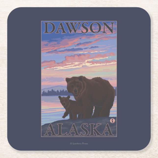 Posavasos Cuadrado De Papel Oso y Cub - Dawson, Alaska (Anverso)