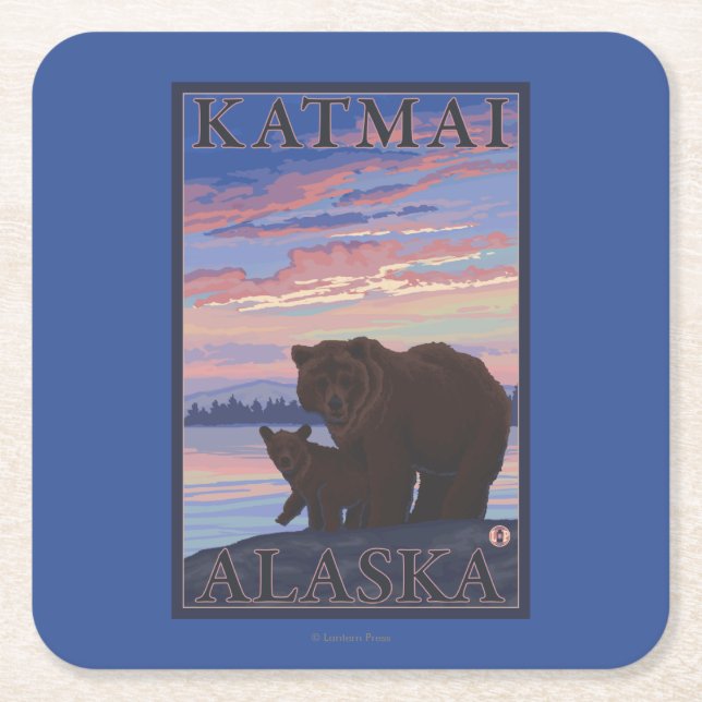Posavasos Cuadrado De Papel Oso y Cub - Katmai, Alaska (Anverso)