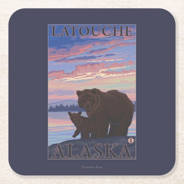 Posavasos Cuadrado De Papel Oso y Cub - Latouche, Alaska (Anverso)