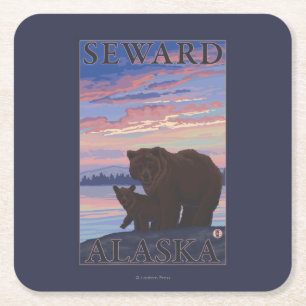 Posavasos Cuadrado De Papel Oso y Cub - Seward, Alaska