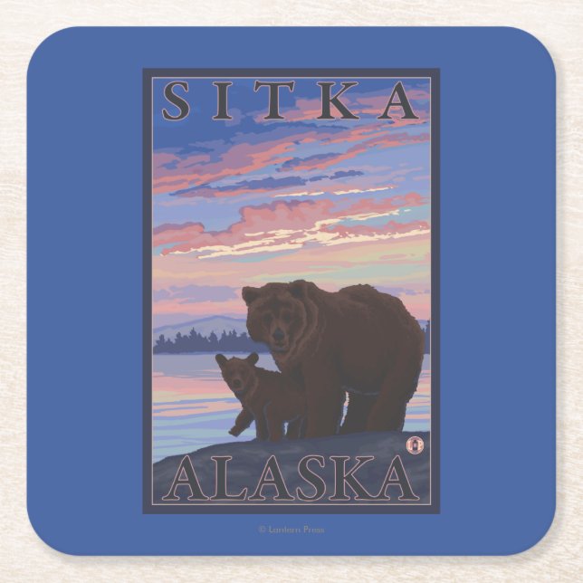 Posavasos Cuadrado De Papel Oso y Cub - Sitka, Alaska (Anverso)