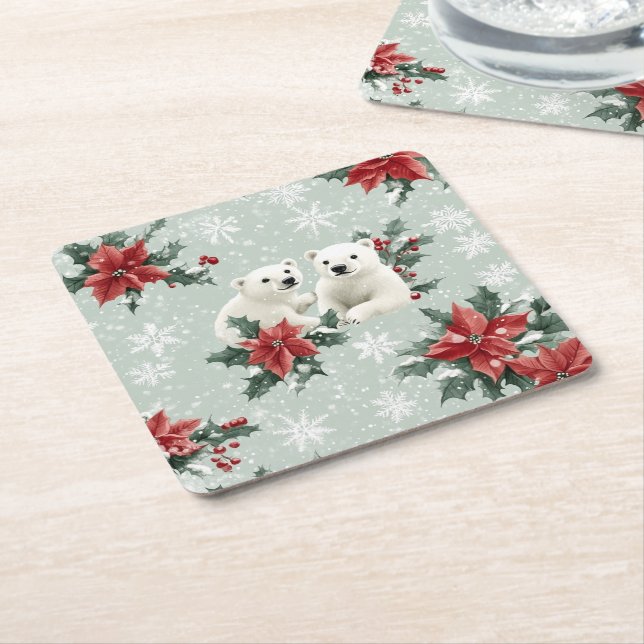 Posavasos Cuadrado De Papel Osos polares y copos de nieve Feliz Navidad (En perspectiva)
