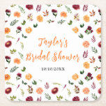 Posavasos Cuadrado De Papel Otoño Borgoña y Naranja Floral Bridal Shower<br><div class="desc">Esta hermosa y elegante montaña rusa presenta una acuarela de color burdeos y flores naranjas con follaje. El texto combina el guión manuscrito y las fuentes serif para un aspecto elegante y moderno. Es perfecto para una ducha de novia rústica en otoño.</div>