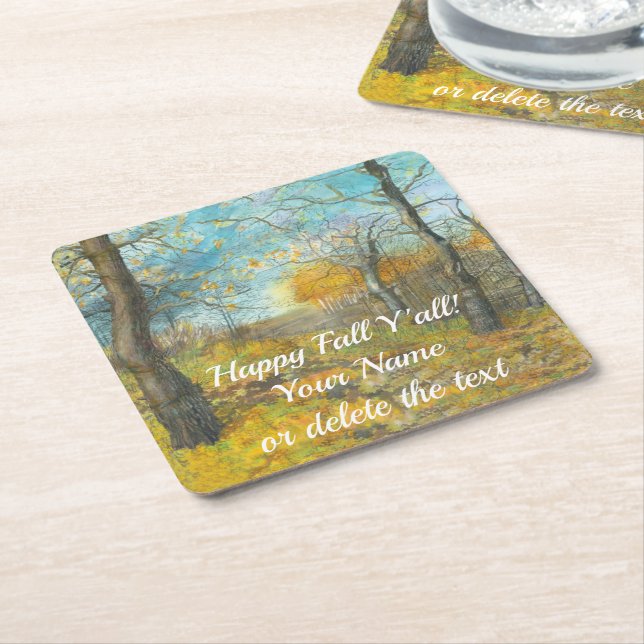 Posavasos Cuadrado De Papel Otoño dorado en un roble pintando acuarela (En perspectiva)